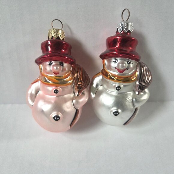 Vintage Christopher Radko Glass Ornaments Littlest Snowman Pink Silver Set of 2 - Picture 1 of 8